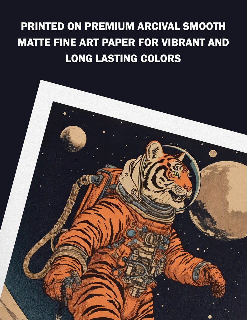 May include: A digital illustration of a tiger wearing an astronaut suit and walking on the moon. The tiger is orange and black with white stripes. The background is a dark blue with stars and a white moon.