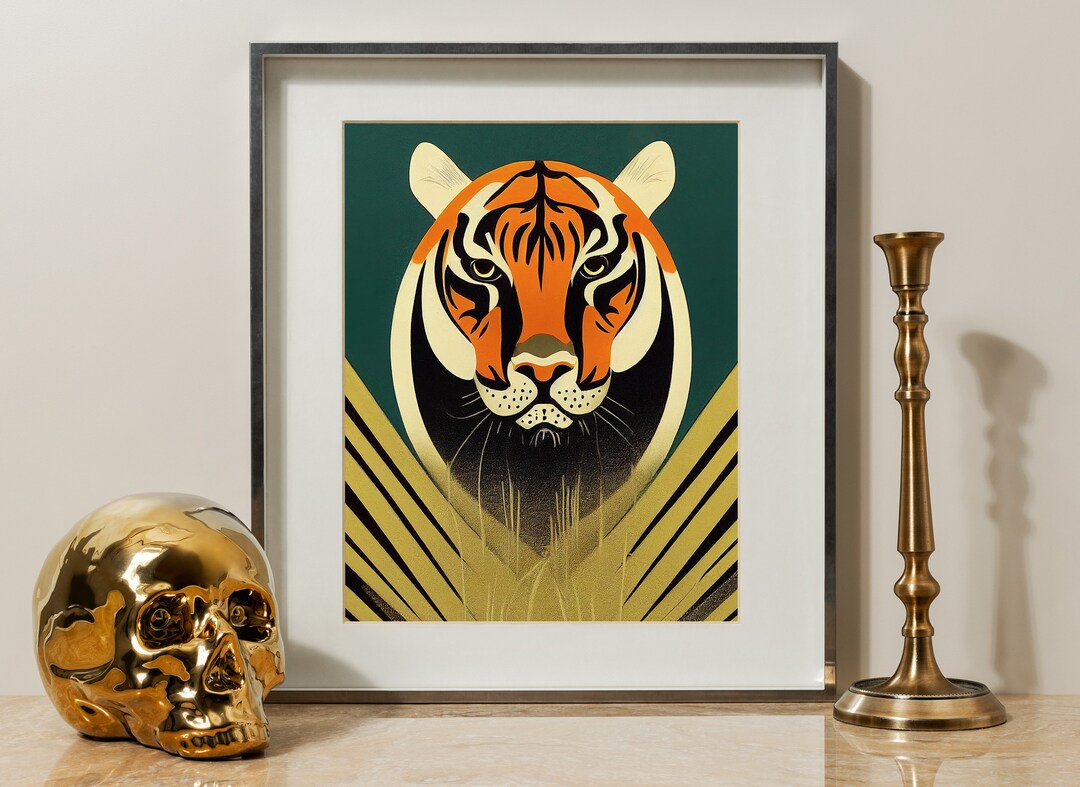 Vintage Art Deco Tiger Art Print Green and Gold Tiger Art Etsy