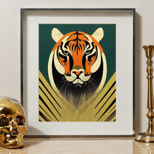 Vintage Art Deco Tiger Art Print - Green and Gold Tiger - Art Deco style Art - Ai Art - BUY 2 GET 1 FREE