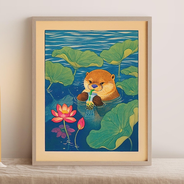 Otter Drinking Boba Art Print: Vintage Woodblock Style Nursery Decor