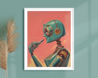 Robot Woman Lipstick Art Print: Vintage Style Whimsical Decor