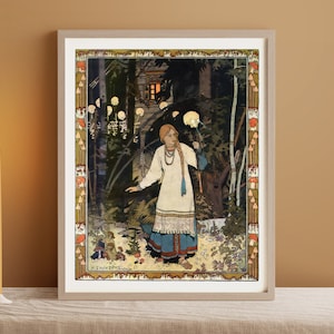 Vintage Woman Walking in the Forest Fine Art Print • Ivan Bilibin Folklore Art • Vintage Fairytale Poster • 3 Sizes