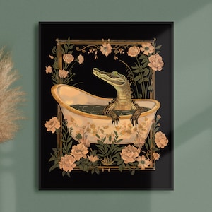 Art Nouveau Style Crocodile Bath Fine Art Print • Colorful & Cute Decor • Bathroom Art • Whimsical Alligator Wall Art • Buy 2 GET 1 FREE