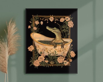 Art Nouveau Style Crocodile Bath Fine Art Print • Colorful & Cute Decor • Bathroom Art • Whimsical Alligator Wall Art • Buy 2 GET 1 FREE