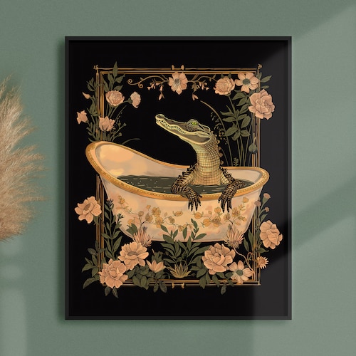 Impression de bain crocodile Art nouveau : oeuvre d'art murale alligator fantaisiste