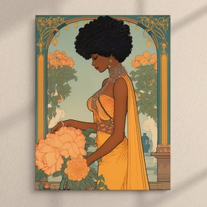 Vintage Art Nouveau Style Black Queen and Flowers Fine Art Canvas Print • Retro Art Deco Decor • Wall Art