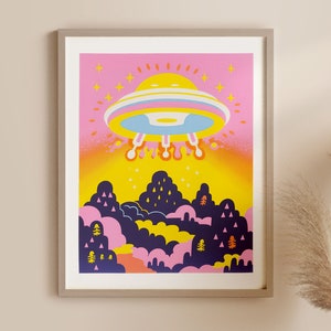 Risograph Style UFO Fine Art Print • Colorful and Cute Decor • Kids and Nursery Art • Whimsical Alien Wall Art • Buy 2 GET 1 FREE