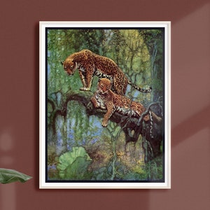 Vintage 2 Leopards in the Jungle Fine Art Print • Retro Leopard Decor • Fantasy Animal Poster • 3 Sizes