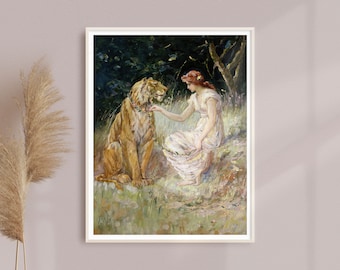 Vintage Woman and Tiger Art Print: Retro Floral Fantasy Decor