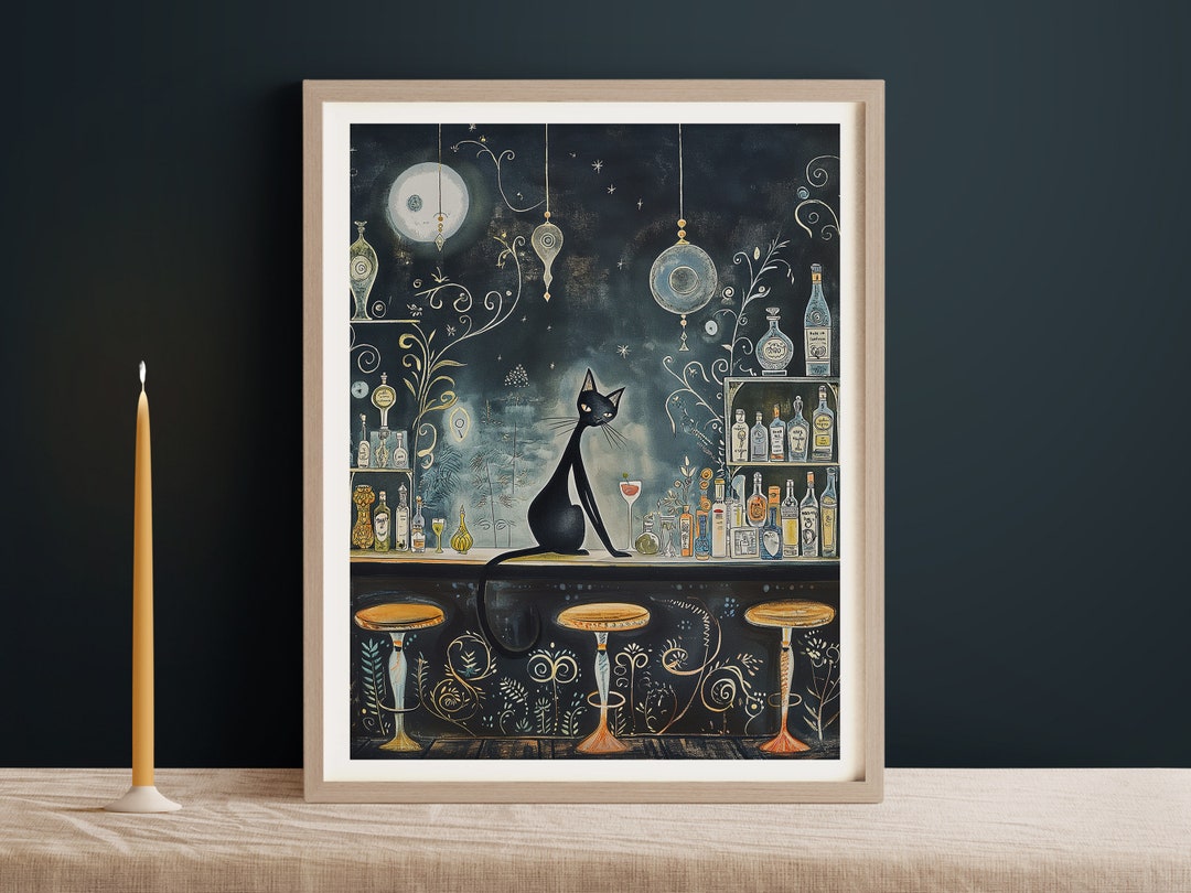 Black Cat in Bar Art Print: Vintage Art Nouveau Decor - Etsy