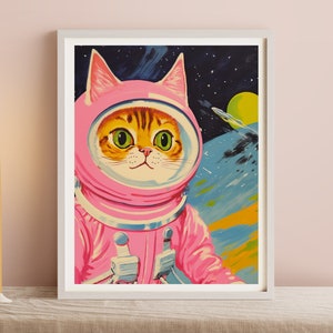 Pink Cat Astronaut Art Print: Vintage Whimsical Space Nursery Decor - Etsy