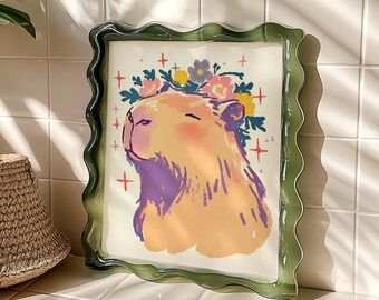 Capybara Print • Retro Floral Crown, Whimsical Wall Art