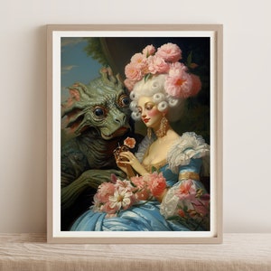 Rococo Sci-Fi Art Print: Queen and Alien Pet, Renaissance Style