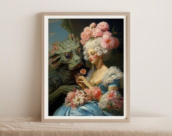 Rococo Sci-Fi Art Print: Queen and Alien Pet, Renaissance Style