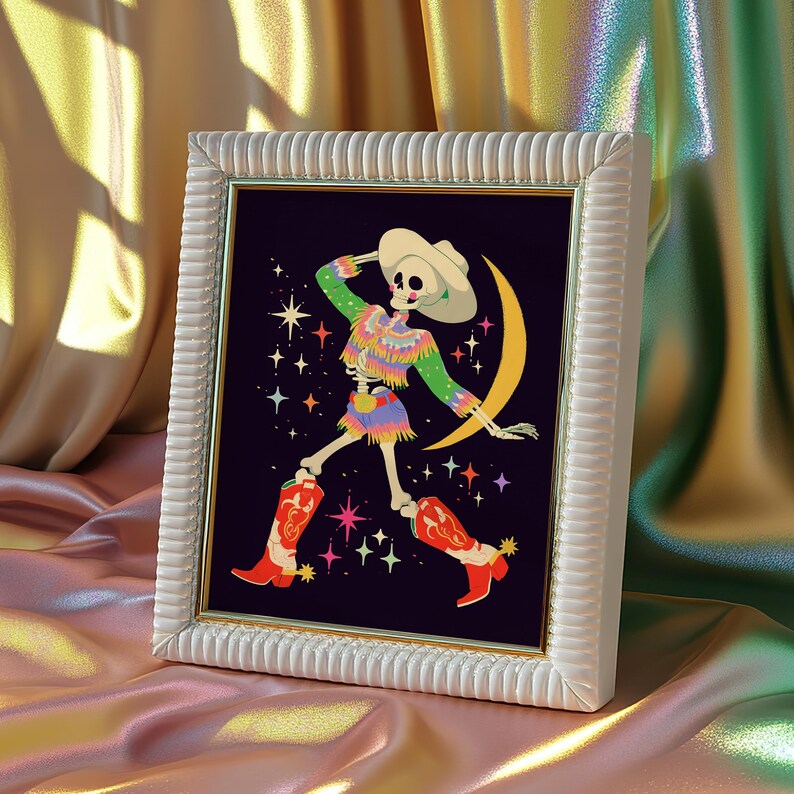 a picture of a skeleton with a cowboy hat and boots