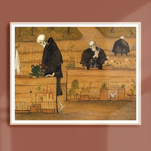 May include: A framed print depicts a garden scene with skeletal figures tending to plants. The figures wear black cloaks and are watering and caring for the plants. The artwork has a vintage, illustrative style with a muted color palette.