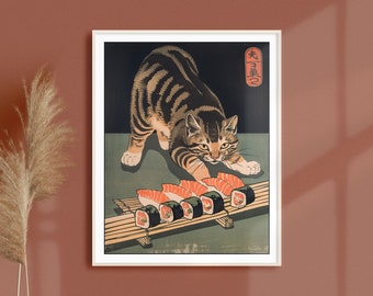 Vintage Ukiyo-e Cat Sushi Thief Art Print: Whimsical Decor
