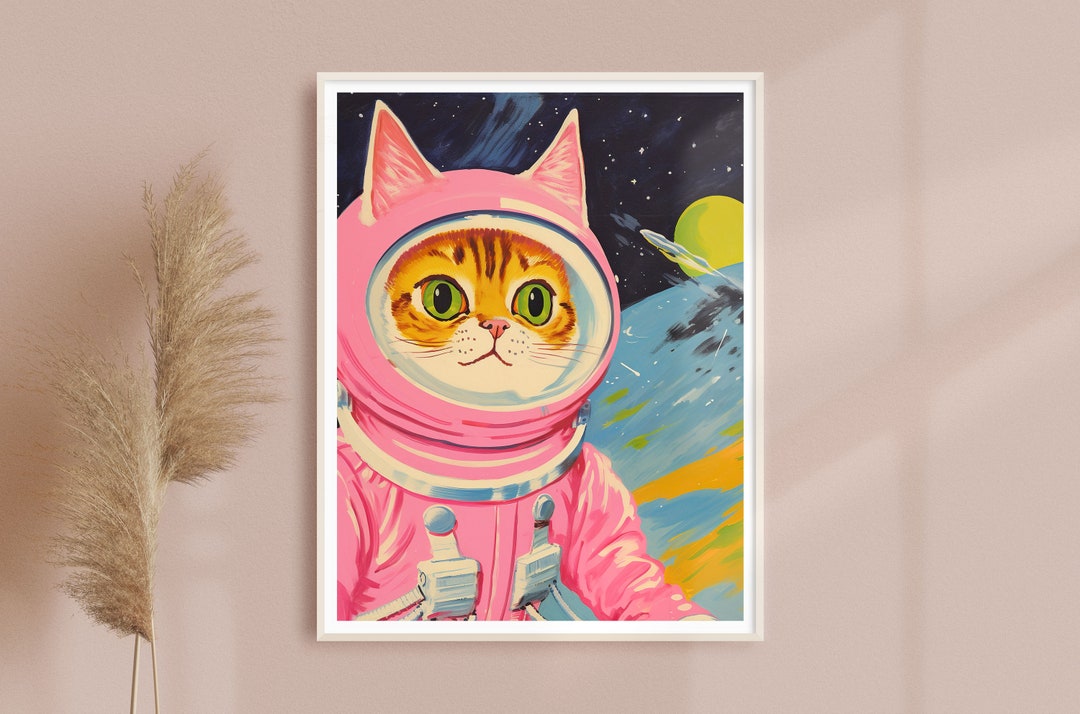 Pink Cat Astronaut Art Print: Vintage Whimsical Space Nursery Decor - Etsy