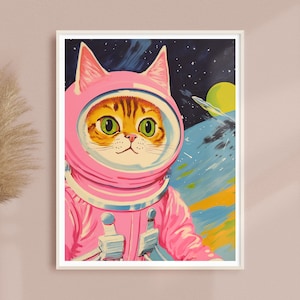 Pink Cat Astronaut Art Print: Vintage Whimsical Space Nursery Decor