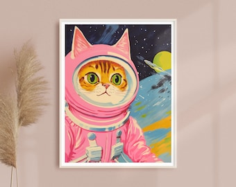 Vintage Style Pink Cat Astronaut Fine Art Print • Colorful & Cute Decor • Kids and Nursery Art • Whimsical Space Wall Art • Buy 2 GET 1 FREE