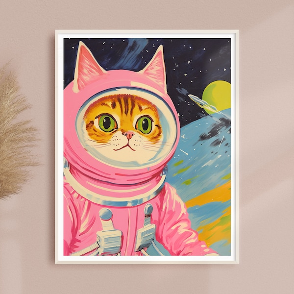 Pink Cat Astronaut Art Print: Vintage Whimsical Space Nursery Decor