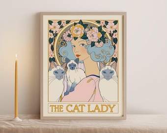 Art Nouveau Cat Lady Print - Vintage Tarot Style Decor with Siamese Cats
