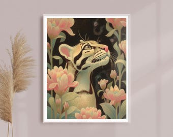 May include: A framed art print featuring a stylized ocelot looking upwards, surrounded by pink and green flowers against a dark background. The artwork has a vintage, painterly style, with soft colors and a dreamy atmosphere.