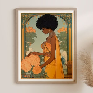 Vintage Art Nouveau Style Black Queen and Flowers Fine Art Print • Retro Art Deco Decor  • Wall Art