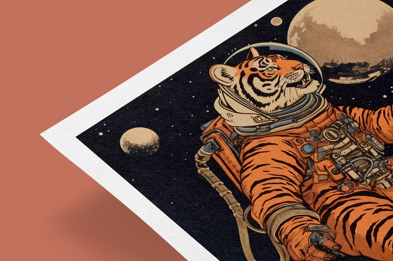 May include: A tiger wearing an orange astronaut suit floats in space. The tiger is looking to the right, with a planet in the background. The tiger has black stripes and a white muzzle.
