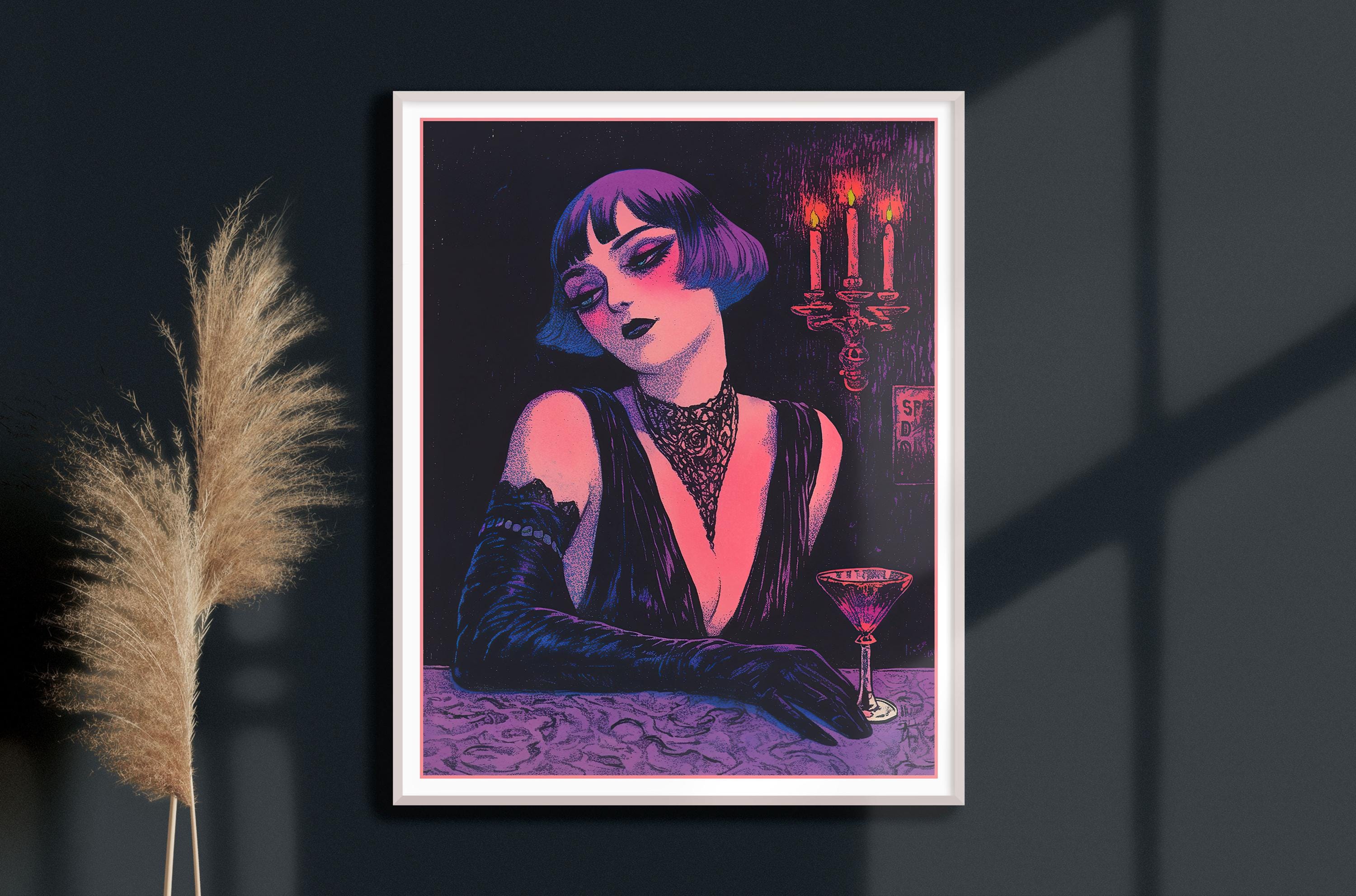 Retro Woodblock Style Noir Woman at the Bar Fine Art Print • Dark and Moody Decor • Femme Fatale Art • Feminine Wall Art