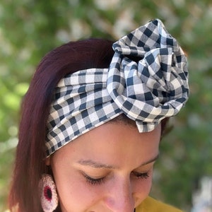 Gingham Wide & Extra Long Wired Headwrap Boho Style/Wire Headband/Turban /Retro HeadBand / Hair / Accessories / Pink Blue Green Black