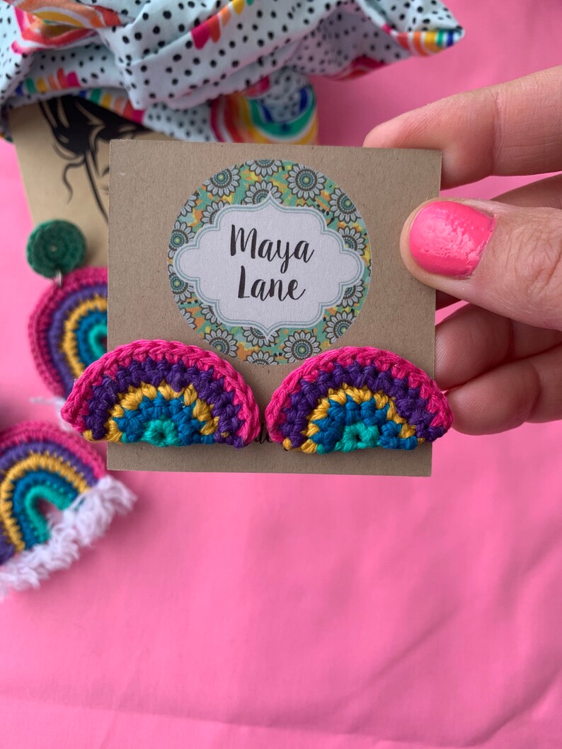 Boho Rainbow Crochet Stud Earrings. Crochet Handmade Studs Fun Etsy
