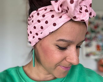 Pink Polka Dot Wired Headwrap HeadBand / Hair /Hair Accessories /Top Knot/Headscarf