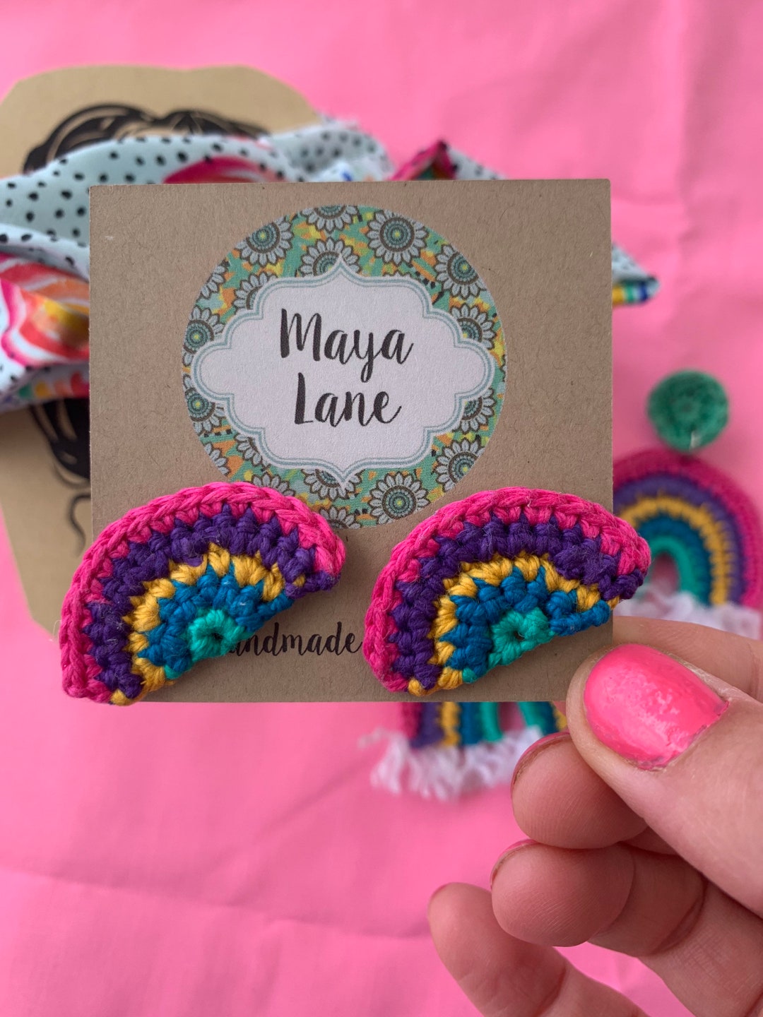 Boho Rainbow Crochet Stud Earrings. Crochet Handmade Studs Fun Colour