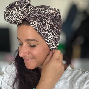 Leopard Print Wired Turban Headwrap. | Rayon Boho Hair Covering | Full head coverage | Wire Headband | Chemo Cancer Headwear