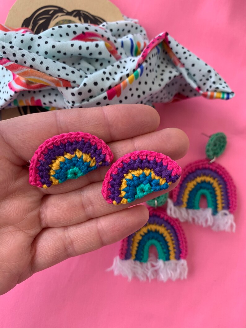 Boho Rainbow Crochet Stud Earrings. Crochet Handmade Studs Fun Etsy