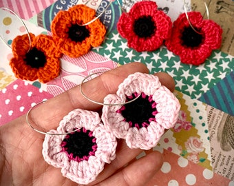 Pretty Little Poppies on Hoops, Red, Orange and Pink. Handmade Crochet, Gift for her, Red Poppy, Poppy Earrings, Poppy Jewellery