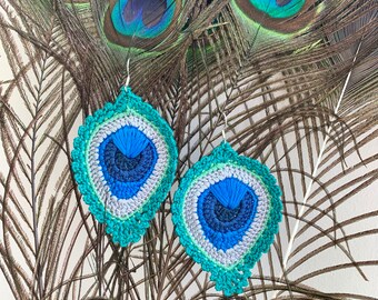 Perfectly Peacock Statement Handmade Crochet  Peacock Feather Sterling Silver Dangles, Statement Earring Crochet Lover, Perfect Unique Gift