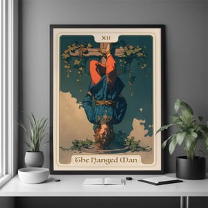 Póster de la carta arcana n.° 12: Arte simbólico de suspensión e introspección, decoración de pared ocultista Art Nouveau, set de regalo wiccano