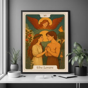 Póster de la Carta VI Arcana: Impresión artística de la Unión Sagrada, decoración de pared con simbolismo romántico, ilustración de amor art déco moderna