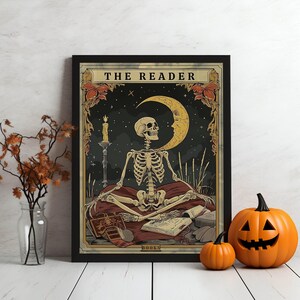 Arte de pared de cartas del tarot, esqueleto lector, tarot, imagen, decoración, biblioteca, sala de lectura, decoración escolar, amante de los libros, bruja, gótico, Halloween