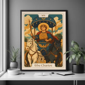 Póster de la carta arcana n.° 7: Arte con símbolos de victoria y voluntad, decoración espiritual para pared, idea de regalo místico