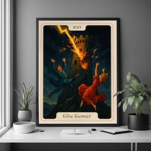 Póster de la carta arcana n.° 16: Arte simbólico de cambio repentino, decoración de pared gótica para una estética misteriosa y oculta.