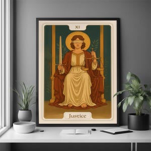 Póster Carta Arcana XI: Impresión artística simbólica para el equilibrio y la verdad, decoración de pared de inspiración mística, diseño místico moderno