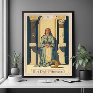 Póster de la Carta Arcana n.° 2: Arte de energía mística femenina, impresión inspirada en la adivinación, decoración de pared wiccan de estilo Art Nouveau.