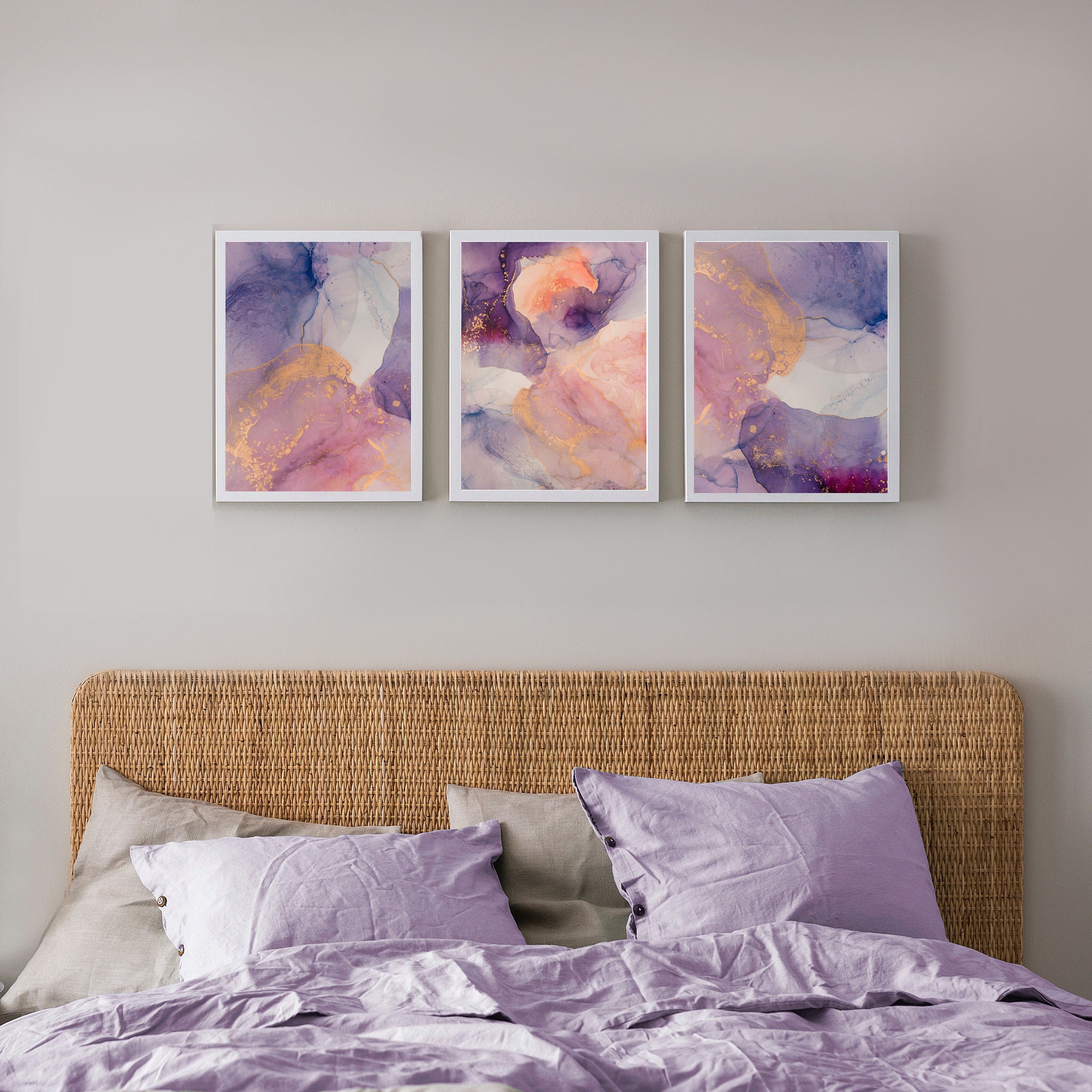 Gallery Wall Art Set of 3 purple violet printout art with rose Etsy