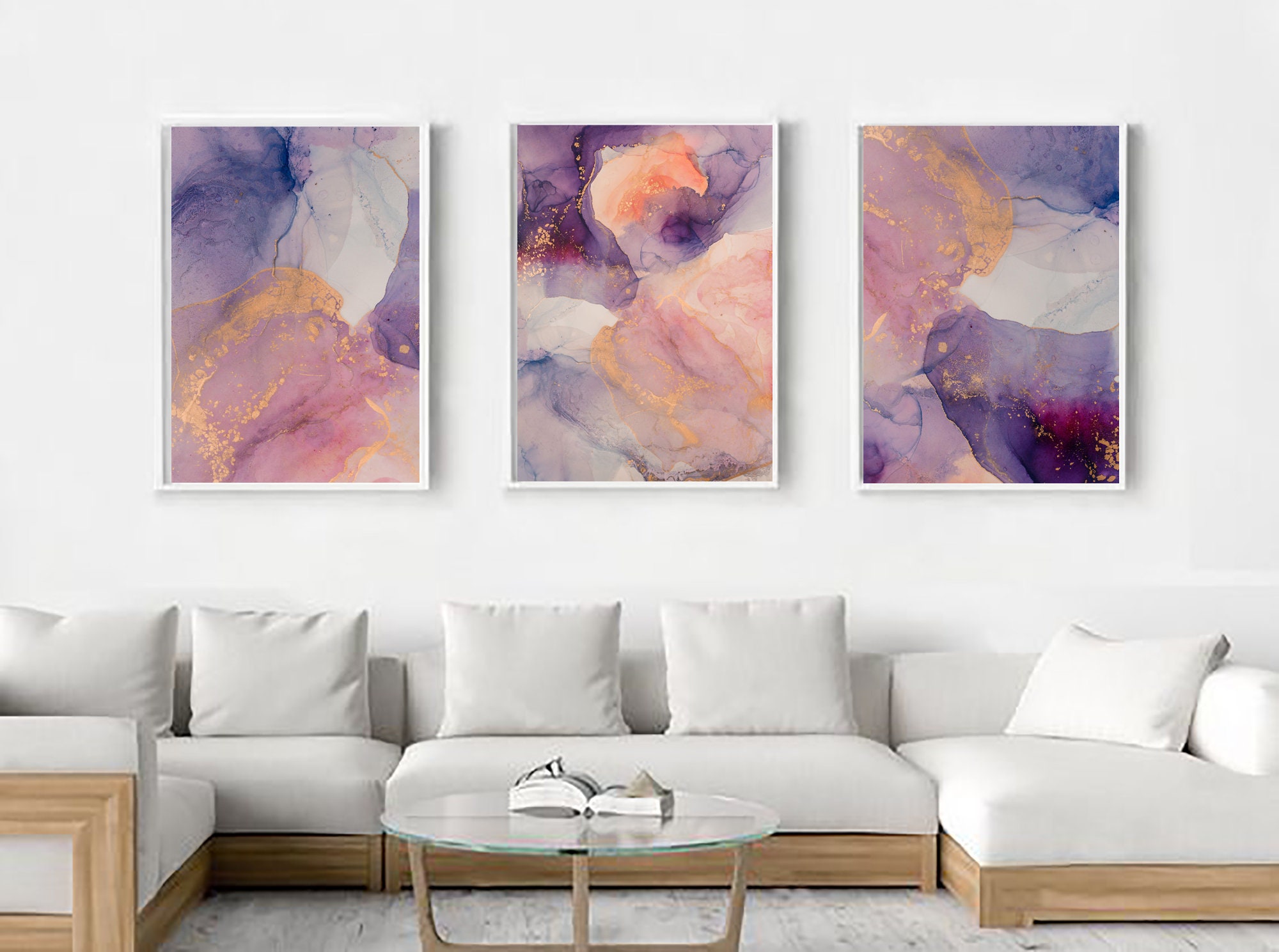 Gallery Wall Art Set of 3 purple violet printout art with rose Etsy