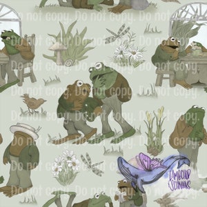 May include: A whimsical illustration featuring frogs in various poses, including a frog reading a book, a frog holding another frog, and a frog sitting at a table. The illustration is set against a light green background with flowers, plants, and a dragonfly.