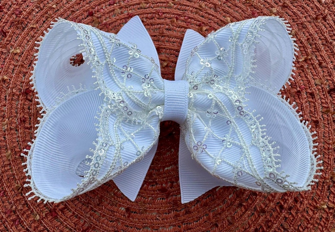 White Lace Princess Bow – Elegant Handmade Hair Bow With Sequins. - Etsy