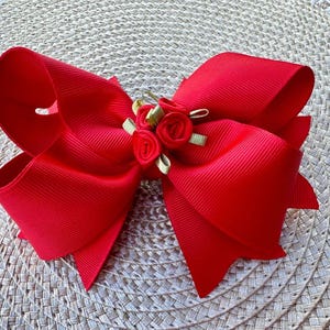 Red Grosgrain Hair Bow with Satin Roses - Alligator Clip